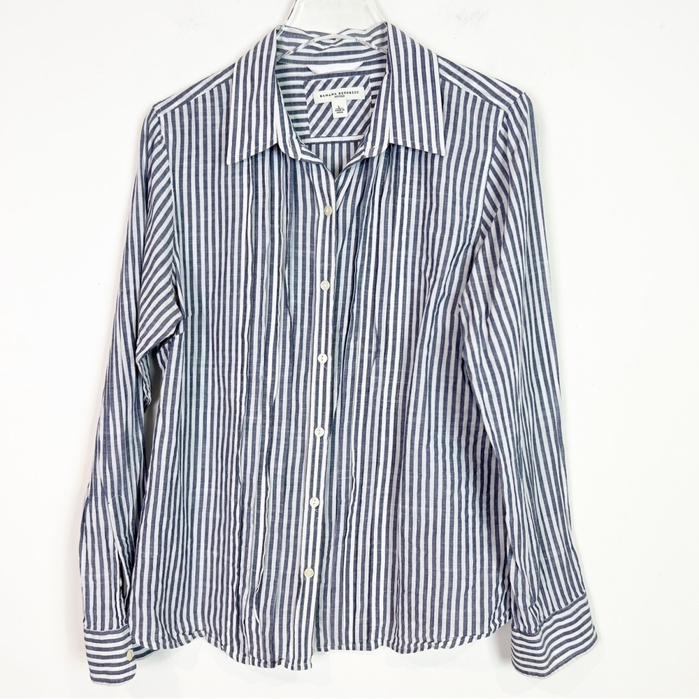 BANANA REPUBLIC BLUE WHITE STRIPE LONG SLEEVE BUTTON FRONT PLEATED BLOUSE LARGE